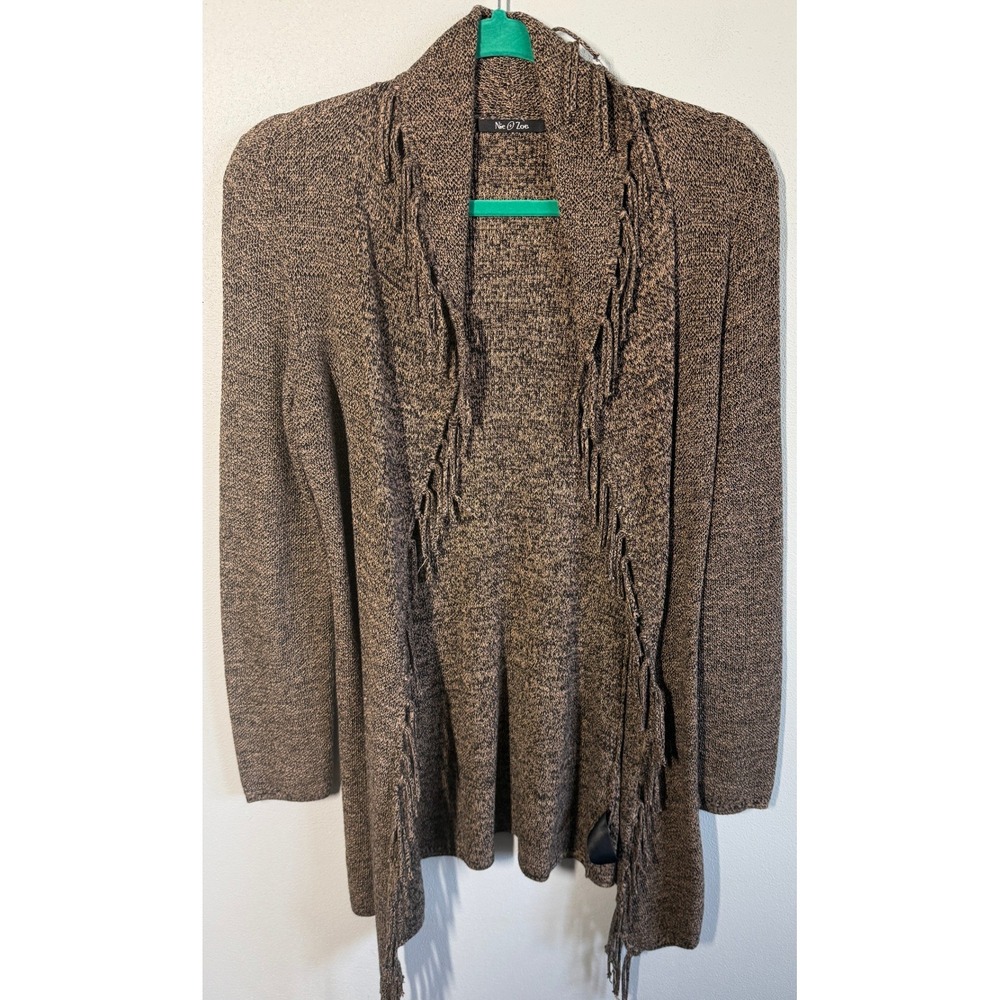 Nic + Zoe Women Cardigan Brown Marled Fringe Open Front Waterfall Sweater Size S